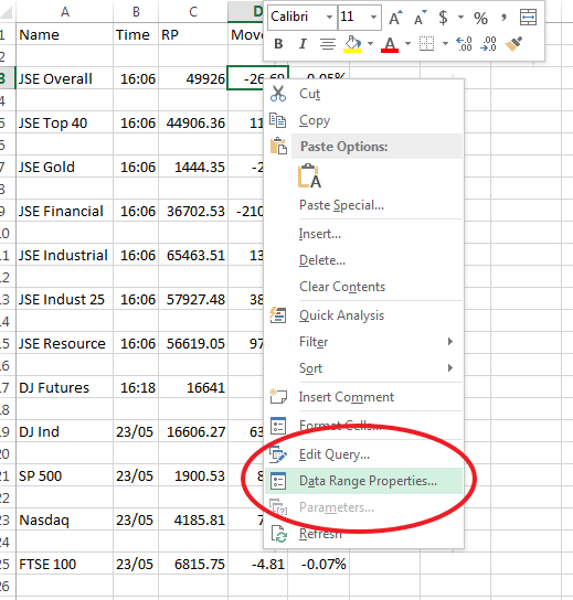 data range properties excel