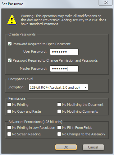 Setting password for PDF document