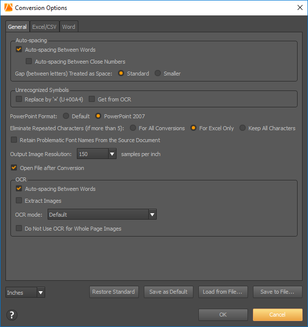 conversion options - general tab