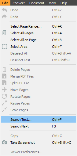 Search text option in the edit menu