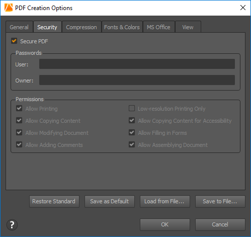 PDC Creation Options Panel