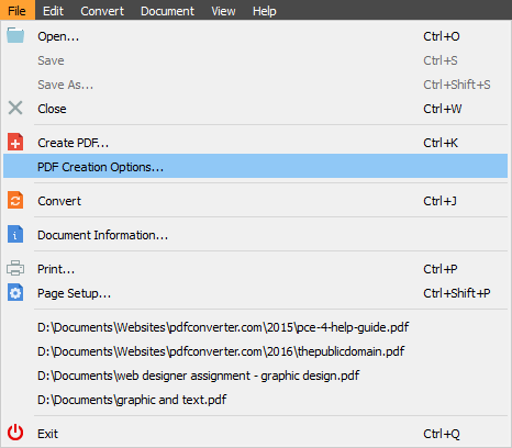 PDF Creation options menu