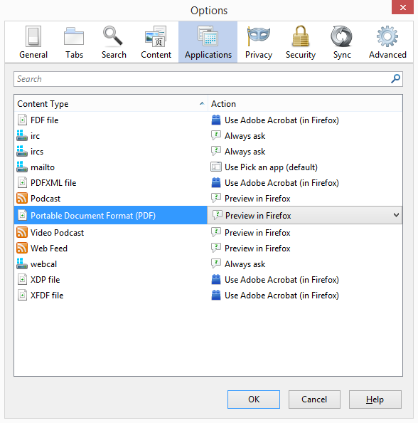 Firefox Applications Tab