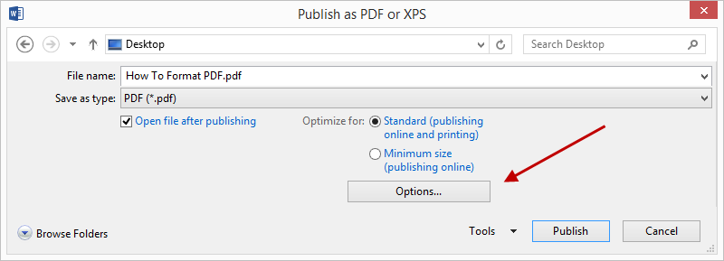 Word Publish PDF Dialog