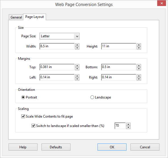 Page Layout Conversion Settings