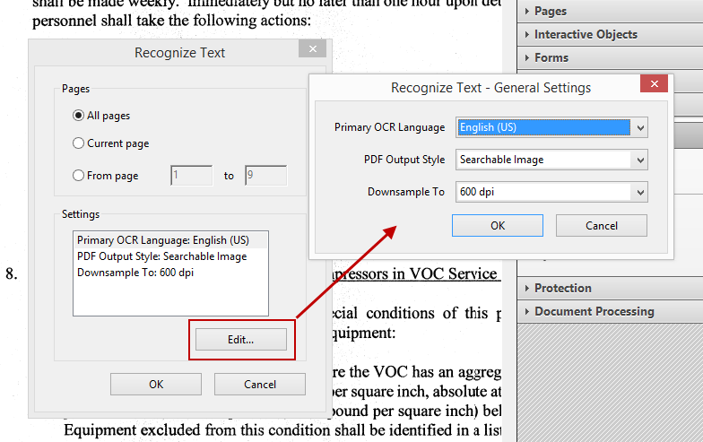 Acrobat Recognize Text Dialogs