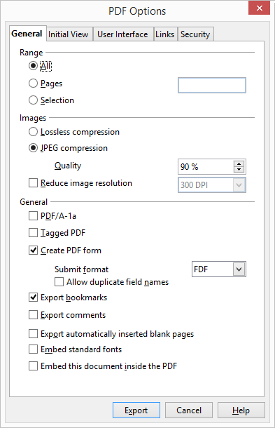 OpenOffice PDF General Options