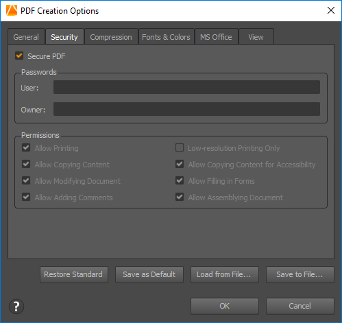 PDF Creation Options Dialog
