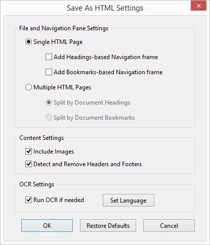 HTML Conversion Settings