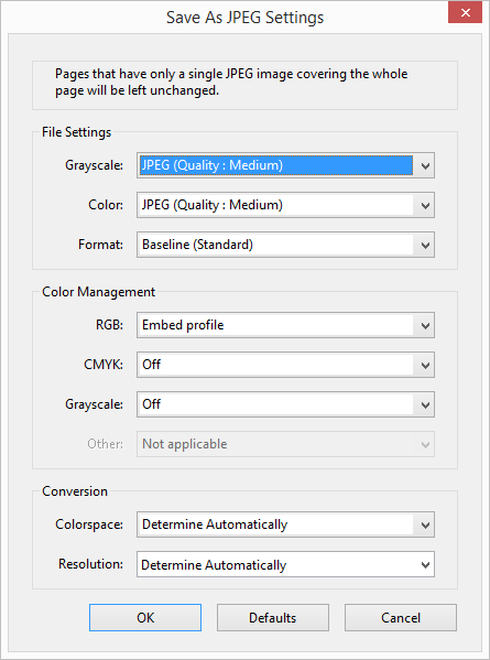 JPEG Conversion Settings
