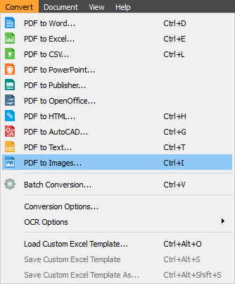 PDF to images menu item