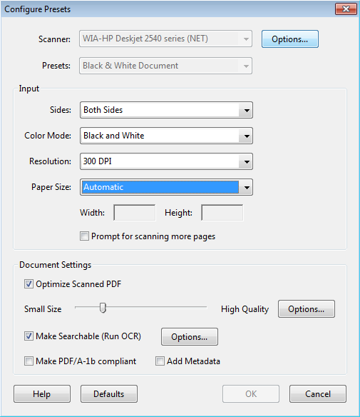 Acrobat Configure Scanner Presets