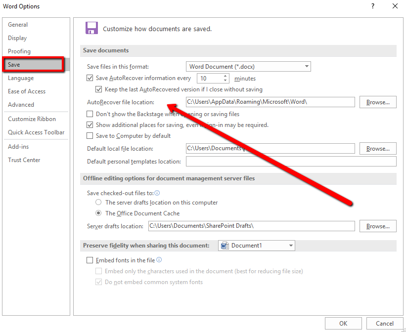 microsoft word auto recovery file location