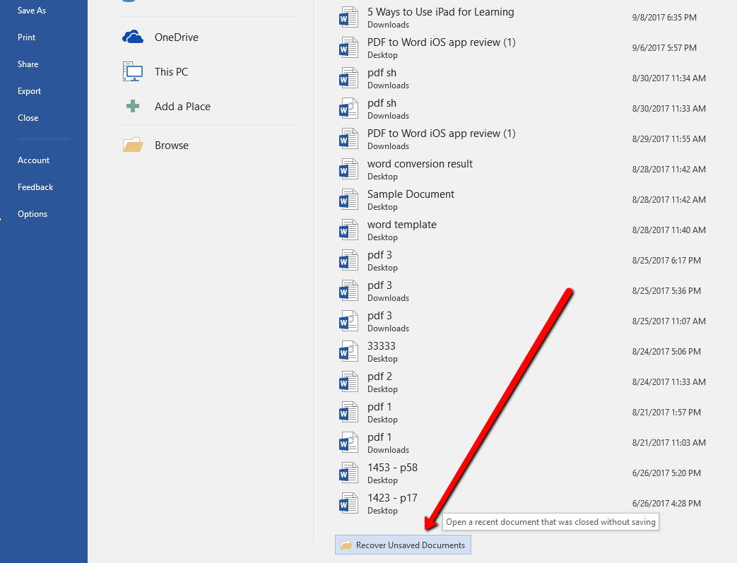 how to recover unsaved documents in word 2016