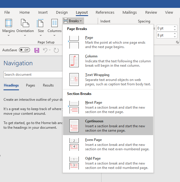 how to insert a continuous section break in word